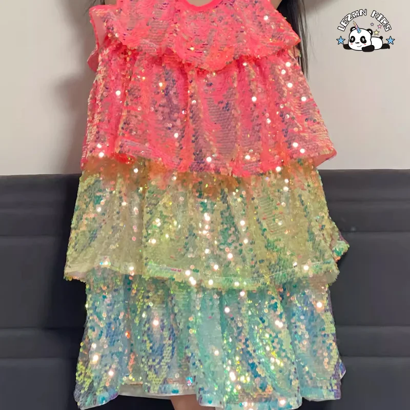LEZONKIDS - Vestido de Verão Colorido com Lantejoulas em Três Camadas para Meninas Sem Manga